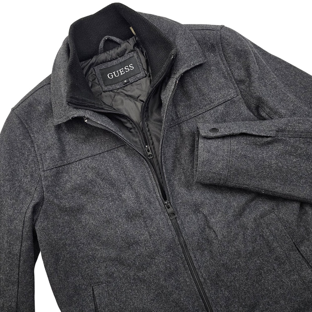 Guess Jacket Mens M Gray Wool Blend Zip Quilted Lined Winter Business Minimalist